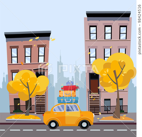 Yellow car with suitcases on the roof against background of autumn cityscape. City landscape with small houses, silhouette of multi-storey buildings with yellow trees.Flat cartoon vector illustration. Yellow car with suitcases on the roof against background of autumn cityscape. City landscape with small houses, silhouette of multi-storey buildings with yellow trees.Flat cartoon vector illustration. 98424516