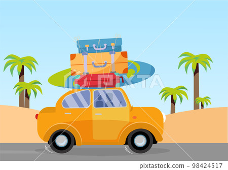 Trveling by yellow car with pile of luggage bags on roof and with surfboard on beach with palms. Summer tourism, travel, trip. Flat cartoon vector illustration. Car Side View With Heap Of suitcases Trveling by yellow car with pile of luggage bags on roof and with surfboard on beach with palms. Summer tourism, travel, trip. Flat cartoon vector illustration. Car Side View With Heap Of suitcases 98424517