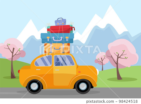 Car on Road Trip. Travel vehicle Concept Tourism and Vacation Together. illustration of spring vacations holiday, blooming trees, world travel with suitcases on car s roof.Touristic retro travel theme Car on Road Trip. Travel vehicle Concept Tourism and Vacation Together. illustration of spring vacations holiday, blooming trees, world travel with suitcases on car s roof.Touristic retro travel theme 98424518