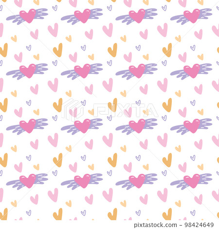 Seamless pattern for Valentine s Day. Hand drawn hearts with wings. Doodle Vector illustration. Seamless pattern for Valentine s Day. Hand drawn hearts with wings. Doodle Vector illustration. 98424649