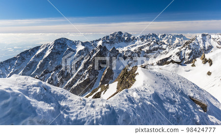 Snowy winter high mountain landscape. Snowy winter high mountain landscape. 98424777
