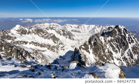 Snowy winter high mountain landscape. Snowy winter high mountain landscape. 98424778