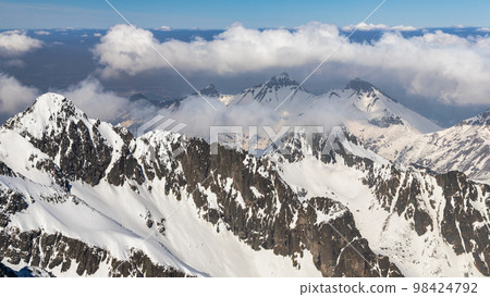 Snowy winter high mountain landscape. Snowy winter high mountain landscape. 98424792
