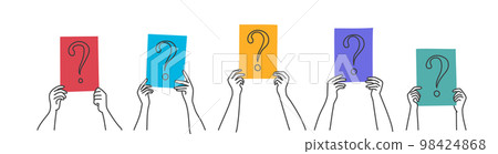 People with raised arms holding question mark. People with raised arms holding question mark. 98424868
