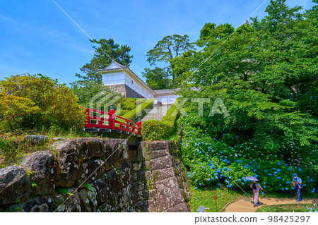 從神奈川縣小田原市小田原城跡公園北側的菖蒲花園眺望常盤木橋和常盤木門。 98425297