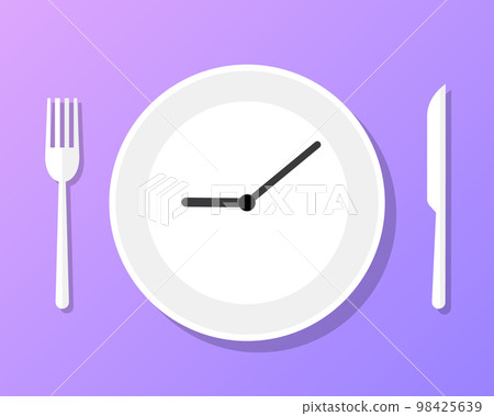 Cook time logo badge, eat plate clock time for food. Dish watch empty icon 98425639