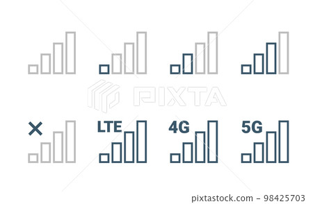 Signal strength 4g mobile phone reception bar icon. 5g signal strength level smartphone status bar Signal strength 4g mobile phone reception bar icon. 5g signal strength level smartphone status bar 98425703