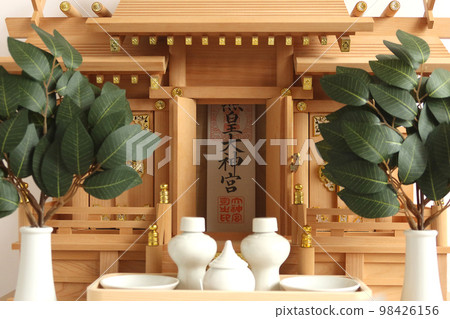 Kamidana and Sakaki Shinto ritual implements that hold the talismans of the shrine 98426156