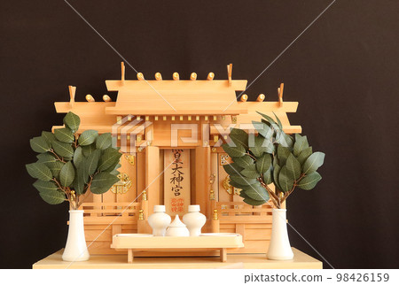 Kamidana and Sakaki black background 3 where the charm of the shrine was stored Kamidana and Sakaki black background 3 where the charm of the shrine was stored 98426159