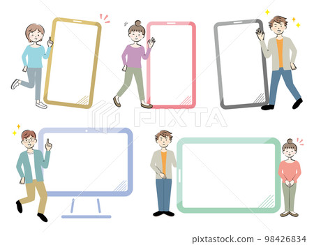 休閒裝中的設備/個人電腦和男女鏡架 微笑 休閒裝中的設備/個人電腦和男女鏡架 微笑 98426834