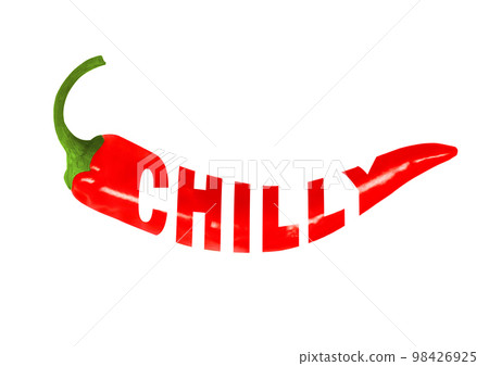 Color illustration of red chili pepper. Hot capsicum, red pepper for label design. One continuous line drawing with chili pepper lettering. 98426925