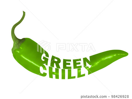 Color illustration of green chili pepper. Hot capsicum, green pepper for label design. One continuous line drawing with chili pepper lettering. Color illustration of green chili pepper. Hot capsicum, green pepper for label design. One continuous line drawing with chili pepper lettering. 98426928