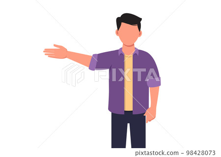 Business concept design drawing handsome businessman in casual clothes presenting something. Young male manager showing something or presenting project. Vector illustration draw flat cartoon style Business concept design drawing handsome businessman in casual clothes presenting something. Young male manager showing something or presenting project. Vector illustration draw flat cartoon style 98428073