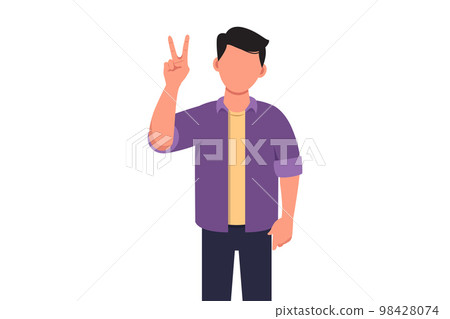 Business concept flat cartoon style isolated smiling man showing victory sign. Young businessman gesture success. Male doing victory sign. Sign of success and peace. Graphic design vector illustration Business concept flat cartoon style isolated smiling man showing victory sign. Young businessman gesture success. Male doing victory sign. Sign of success and peace. Graphic design vector illustration 98428074