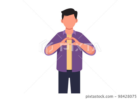 Business concept design young businessman making or gesturing heart symbol with finger in front of chest. Modern male lifestyle, healthcare, love shape concept. Vector illustration flat cartoon style Business concept design young businessman making or gesturing heart symbol with finger in front of chest. Modern male lifestyle, healthcare, love shape concept. Vector illustration flat cartoon style 98428075