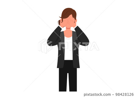 Business flat cartoon style drawing of businesswoman close her eyes with her hands because of disgust and reluctance to see something, fear or sadness. Hand gesture. Graphic design vector illustration 98428126