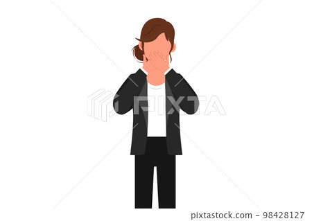 Business flat drawing of businesswoman covering mouth with hands. Female mouth, hand shocked with shame for mistake, expression of fear, scared in silence, secret. Cartoon design vector illustration Business flat drawing of businesswoman covering mouth with hands. Female mouth, hand shocked with shame for mistake, expression of fear, scared in silence, secret. Cartoon design vector illustration 98428127