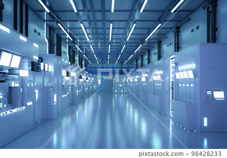 Blue futuristic semiconductor manufacturing factory or laboratory interior with machine and computer screen 98428233