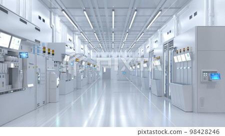White futuristic semiconductor manufacturing factory or laboratory interior with machine and computer screen White futuristic semiconductor manufacturing factory or laboratory interior with machine and computer screen 98428246