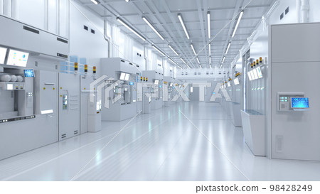 White futuristic semiconductor manufacturing factory or laboratory interior with machine and computer screen 98428249
