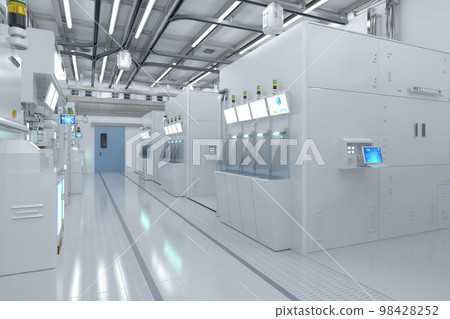 White futuristic semiconductor manufacturing factory or laboratory interior with machine and computer screen White futuristic semiconductor manufacturing factory or laboratory interior with machine and computer screen 98428252