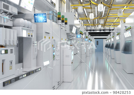 White futuristic semiconductor manufacturing factory or laboratory interior with machine and computer screen 98428253