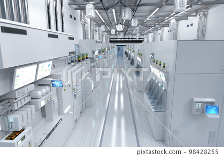 White futuristic semiconductor manufacturing factory or laboratory interior with machine and computer screen 98428255