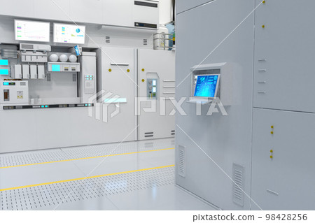 White futuristic semiconductor manufacturing factory or laboratory interior with machine and computer screen 98428256