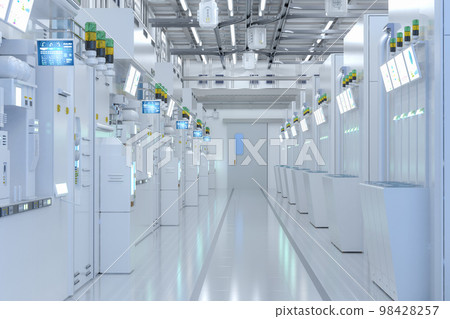 White futuristic semiconductor manufacturing factory or laboratory interior with machine and computer screen 98428257