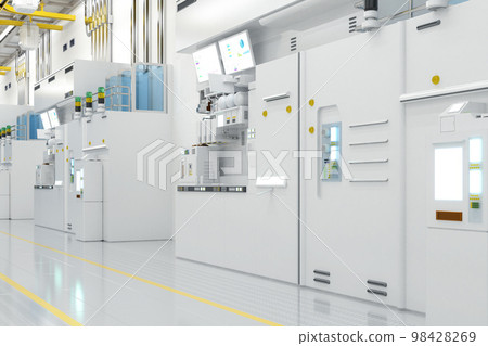 White futuristic semiconductor manufacturing factory or laboratory interior with machine and computer screen 98428269