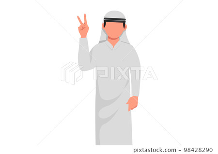 Business flat drawing smiling Arabian man is showing victory sign. Young businessman gesture success. Male doing victory sign. Sign of success and peace. Cartoon style draw design vector illustration 98428290