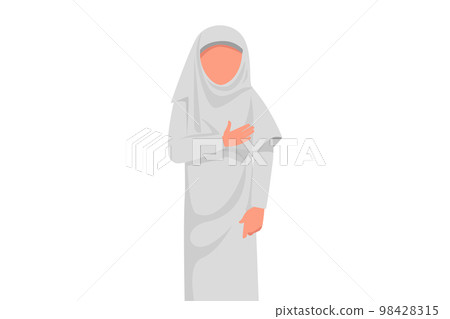 Business design drawing Arabian businesswoman keeping hand on chest. Friendly female expressing gratitude for kindly business partner. Office worker feels good. Flat cartoon style vector illustration 98428315
