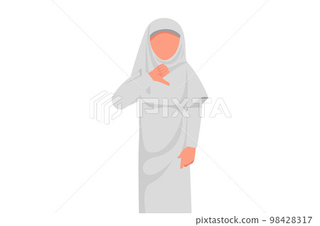 Business flat drawing unhappy Arab businesswoman showing thumbs down sign gesture. Dislike or disagree with business innovation. Disappointment, disapprove, no deal. Cartoon design vector illustration 98428317