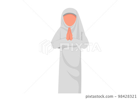 Business flat cartoon style drawing Arab businesswoman holding palms together. Gratitude gesture of humanity, peaceful of living. Office worker gesturing greetings. Graphic design vector illustration 98428321