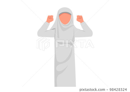 Business flat cartoon style drawing happy Arabian businesswoman with gesture two hands fist up. Strong office worker chasing deadline work. Pursuit achievement goal. Graphic design vector illustration 98428324