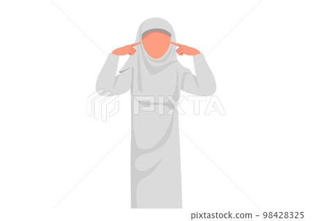Business flat drawing Arab businesswoman covering ear with fingers. Annoyed expression for noise of loud sounds or music. Female manager won't hear failed project. Cartoon design vector illustration 98428325