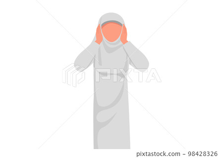Business flat cartoon style drawing Arabian businesswoman covering or closing her ears with hand, don't hear or listen gesture. Person who hate loud sound or music. Graphic design vector illustration 98428326