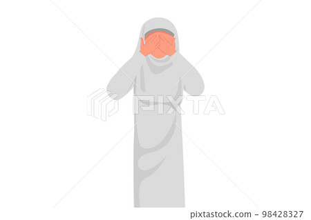 Business design drawing Arabian businesswoman close her eyes with hands, disgust and reluctance to see something. Fears or sadness, failed of business project. Flat cartoon style vector illustration 98428327