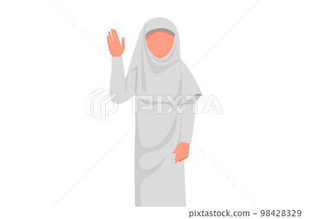 Business flat drawing Arabian businesswoman showing palm as stop sign, stay, hold gesture. Female worker dislike or rejection new idea in project meeting at office. Cartoon design vector illustration 98428329
