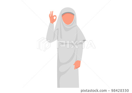 Business design drawing Arab businesswoman gesturing ok sign with fingers. Okay symbol for accepting or approval new business idea or project. Successful worker. Flat cartoon style vector illustration Business design drawing Arab businesswoman gesturing ok sign with fingers. Okay symbol for accepting or approval new business idea or project. Successful worker. Flat cartoon style vector illustration 98428330