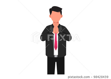Business flat cartoon style drawing of young attractive businessman holding palms in prayer. Male manager welcome gesture at office. Worker praying hands together. Graphic design vector illustration 98428439