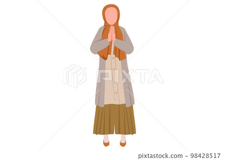 Business design drawing young attractive Arabian businesswoman holding palms in regards. Female manager welcome gesture at office. Worker hold hands together. Flat cartoon style vector illustration Business design drawing young attractive Arabian businesswoman holding palms in regards. Female manager welcome gesture at office. Worker hold hands together. Flat cartoon style vector illustration 98428517