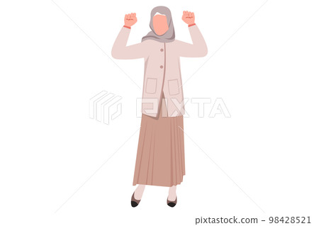 Business flat cartoon style drawing Arabian businesswoman shows two biceps or fist up. Female manager shows strong, win, victory gesture. Power success and positive. Graphic design vector illustration 98428521