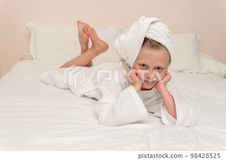 Smiling thinks smile Creek elbows coffee copyspace bathrobe girl portrait, from people woman in shower for happy style, towel child. Hair health funny, 98428525