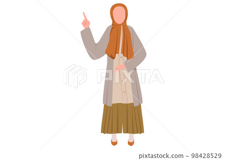 Business design drawing happy Arab businesswoman pointing index finger up gesture. Female manager raising or lifting hand to upward. Emotion and body language. Flat cartoon style vector illustration 98428529