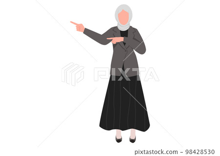 Business flat cartoon style drawing Arab businesswoman pointing away hands together, showing or presenting something while standing. Office worker present product. Graphic design vector illustration 98428530
