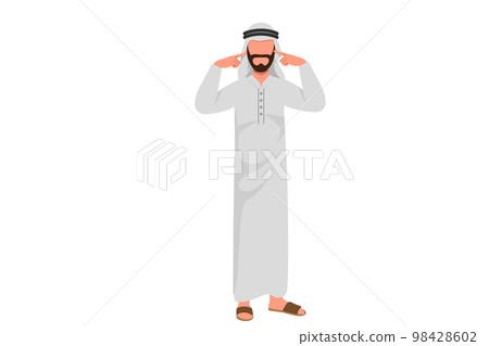 Business design drawing stressed young Arab businessman covering ears with hands. Man plugs ears with his fingers. Fear of loud sounds and unpleasant loud noise. Flat cartoon style vector illustration 98428602