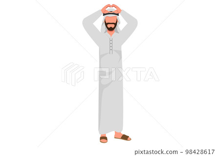 Business design drawing Arabian businessman showing heart sign with hands expressing love, support, care. Man show love sign gesture with two finger upper head. Flat cartoon style vector illustration 98428617