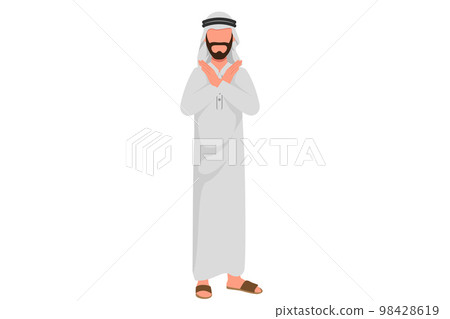 Business flat cartoon style drawing Arabian businessman with crossing arm and saying no gestures. Man making X shape, stop sign with hands and negative expression. Graphic design vector illustration Business flat cartoon style drawing Arabian businessman with crossing arm and saying no gestures. Man making X shape, stop sign with hands and negative expression. Graphic design vector illustration 98428619