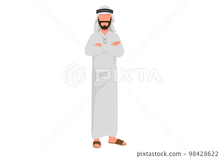 Business design drawing young smiling Arabian businessman with arms crossed. Manager with folded hands looking or thinking for something. Success office worker. Flat cartoon style vector illustration Business design drawing young smiling Arabian businessman with arms crossed. Manager with folded hands looking or thinking for something. Success office worker. Flat cartoon style vector illustration 98428622